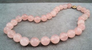 Vintage Rose Quartz 14mm Beads 14k Gf Clasp 20 " Long Statement Necklace - Estate