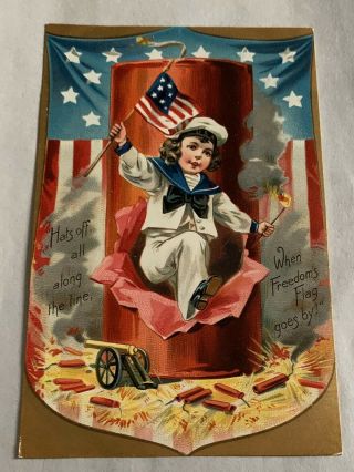 Vintage Raphael Tuck Fourth Of July Postcard - Boy Bursts Through Firecracker