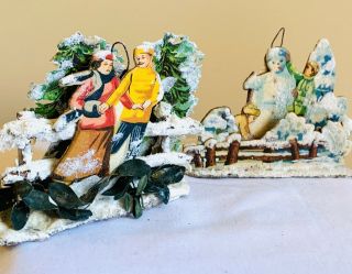 2 Vintage German 3d Diorama Snow Covered Litho Scenes Christmas Ornaments C.  1940