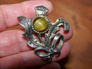 Vintage Jewellery Scottish Celtic Agate Highland Silver Thistle Brooch Pin