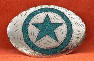 Vtg Cowboy Western Turquoise Circle & Star Nickel Silver Belt Buckle Signed Cb