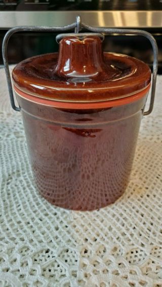 Vintage Dark Brown Stoneware Crock W/ Lid & Bale Wire Closure Canister Cheese Fo
