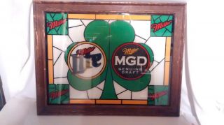 Vintage Mgd Miller Draft And Miller Lite Reverse Painted Shamrock Mirror