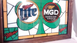 Vintage MGD Miller Draft and Miller Lite Reverse Painted Shamrock Mirror 3