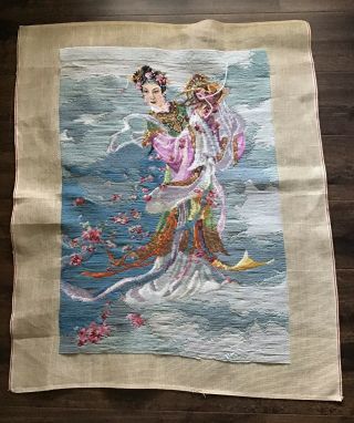 Vintage Asian Needlepoint Canvas With Yarn Unfinished Pink & Blue & Soft Sage