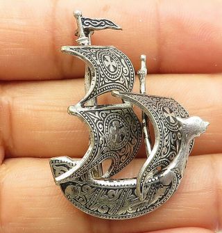 Spain 925 Silver - Vintage Petite Etched Detail Sailing Ship Brooch Pin - Bp3245