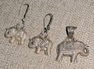 Vintage Sterling Silver 925 Elephant Pendant & Earrings Set Sarda Signed 434w