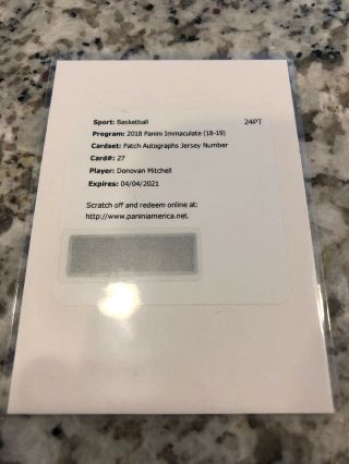 2018 - 19 Donovan Mitchell Panini Immaculate Patch Auto Jersey Number /45