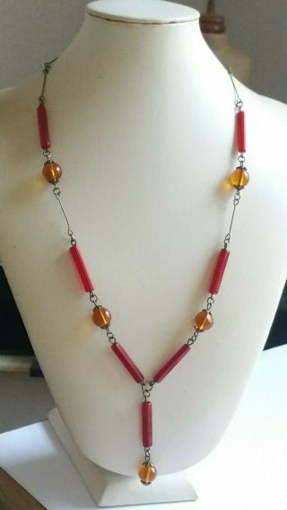 Czech Pressed Yelllow/red Glass Bead Tassel Necklace Vintage Deco Style