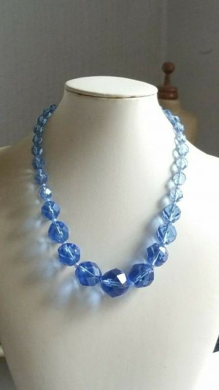 Czech Vintage Art Deco Blue Facet Cut Glass Bead Necklace