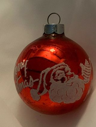 Vintage Red Merry Christmas Ornament White Stencil Mercury Glass Shiny Brite 2”
