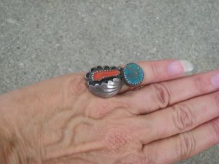 Vintage 60s 70s Native American Silver Turquoise & Coral Ring Signed Benny S.