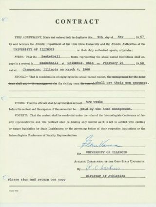 1967 Gene Vance Illinois V.  Ohio State Signed Basketball Contract