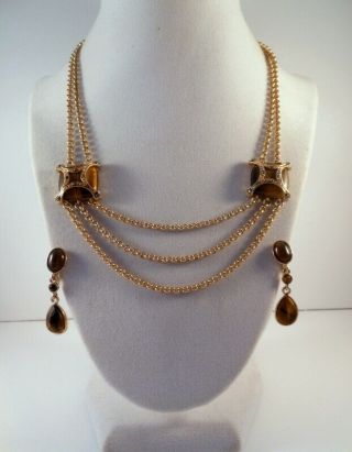 Vtg 80’s Monet Tiger’s Eye Marcasite Gold Tone Draping Chain Necklace & Earrings