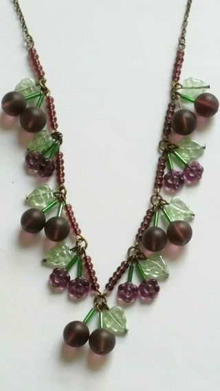 Czech Berry And Purple Flower Glass Bead Necklace Vintage Deco Style