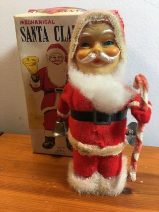 Vintage Santa Claus 50s Mechanical Alps Wind Up W Box Tin Toy Bell Ringer