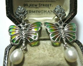 STERLING SILVER Art Nouveau Vintage Style PLIQUE A JOUR Butterfly Drop EARRINGS 2
