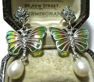 STERLING SILVER Art Nouveau Vintage Style PLIQUE A JOUR Butterfly Drop EARRINGS 3