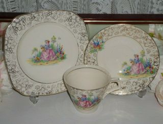 Vintage H&k Tunstall Crinoline Lady Pinkie Trio Cup Saucer And Side Plate