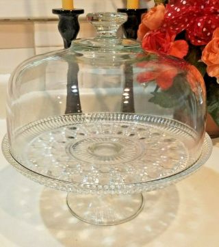 Vintage Glass Footed Diamond Cut Wexford Cake Plate With Glass Cover/lid