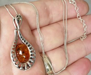 Vintage Signed A.  D Jewellery Real Amber Cabochon 925 Silver Dropper Necklace