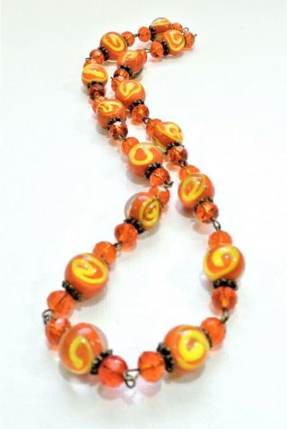 Vintage Orange W/ Encased Yellow Swirls Lampwork Art Glass Bead Necklace No19203