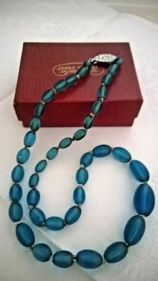 Vintage Jewellery Art Deco Style Blue Satin Glass Necklace Ornate Push Clasp