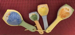 Hand Painted Vtg Pastel Owl Face Glazed Ceramic Measuring Spoons 3.  5 " / 4.  5 "