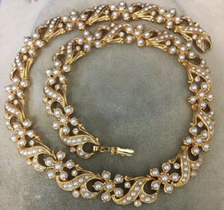 Vintage Jewellery Lovely Signed Pearl And Crystal Flowers Links Necklace