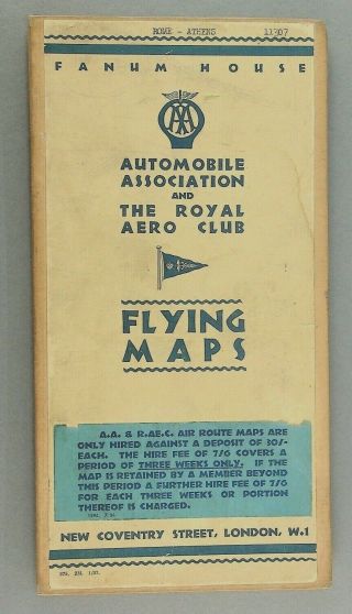 1937 Royal Aero Club Aeronautical Flying Map Rome Athens Automobile Association