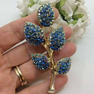 Vintage Jewellery Blue Topaz & Ab Rhinestone Large Gold Tone Flower Brooch Pin