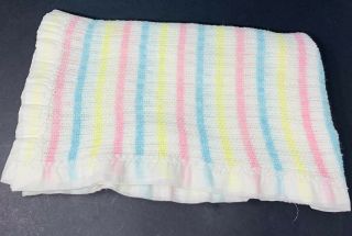 Vtg Baby Blanket Woven Acrylic Satin Trim Pastel Stripes Thermal Weave Beacon Us