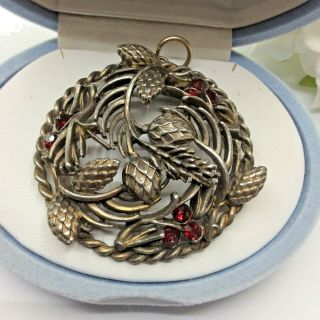 Vintage Jewellery Ruby Red Crystal Rhinestone Silver Tone Thistle Themed Pendant