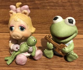 Vintage Enesco Baby Miss Piggy With Kermit Doll And Kermit With Guitar - 1983