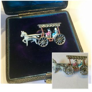 Vintage Art Deco Jewellery Silver Enamel & Marcasite Horse Drawn Carriage Brooch