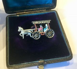 Vintage Art Deco Jewellery Silver Enamel & Marcasite Horse Drawn Carriage Brooch 2