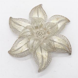 Vintage Solid Silver Large Huge Flower Filigree Ladies Pin Brooch