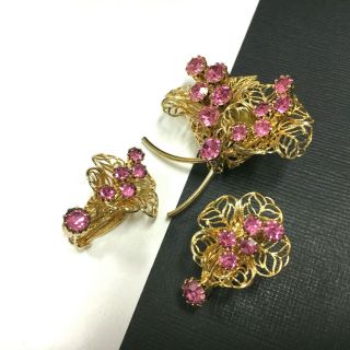 Vintage Judy Lee Pink Rhinestone Double Flower Brooch & Earring Set Gold Nn74u