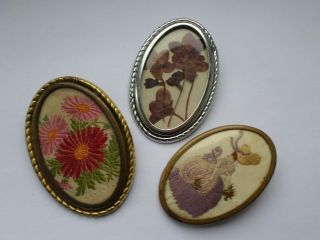 2 Vintage Embroidery Brooches Inc Crinoline Lady & Floral & 1 X Dried Flowers
