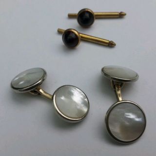 Vintage Cuff Links Set Mother Of Pearl 14k Gold Filled Mounts,  Tuxedo Studs