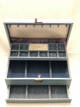 Vintage Mele Blue Jewelry Box Organizer 3 Tier 12 1/2 " X 8 " X 4 1/2 " W/ Key