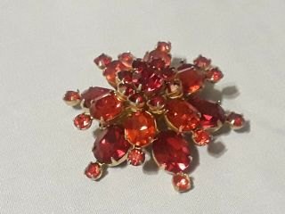 Vintage Signed Coro Red Rhinestone Flower Brooch Domed Layered