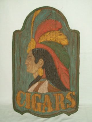 Vintage Cigars Sign Indian With Feather Head Dress Faux Wood Wall Sign