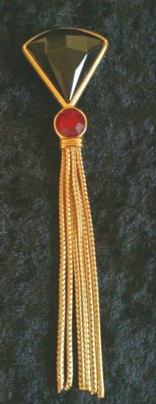 Vintage Ben Amun Art Deco Gold Tone Crystals Tassel Brooch Pin