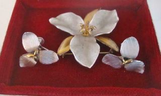 Vintage Bond Boyd Sterling Gold Plate Brooch Earrings Trillium Flowers