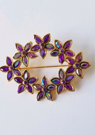 Vintage Brooch Pin Navettes Stunning Purple Crystals Gold Tone