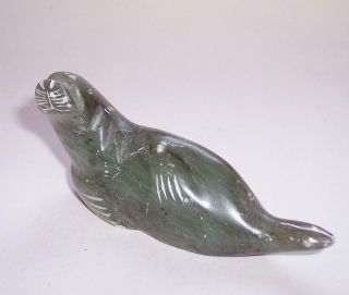 Vintage Jade Green Stone Sea Lion Figure Ornament Signed Hand Carved Seal Animal