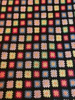 Vtg Handmade Crocheted Granny Square Afghan Wool Blanket Throw 44x69 Black Multi