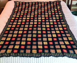 Vtg Handmade Crocheted GRANNY SQUARE Afghan Wool Blanket Throw 44x69 Black Multi 2