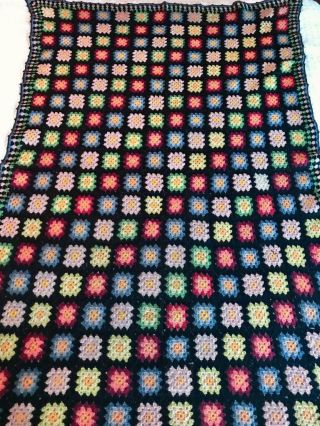 Vtg Handmade Crocheted GRANNY SQUARE Afghan Wool Blanket Throw 44x69 Black Multi 3